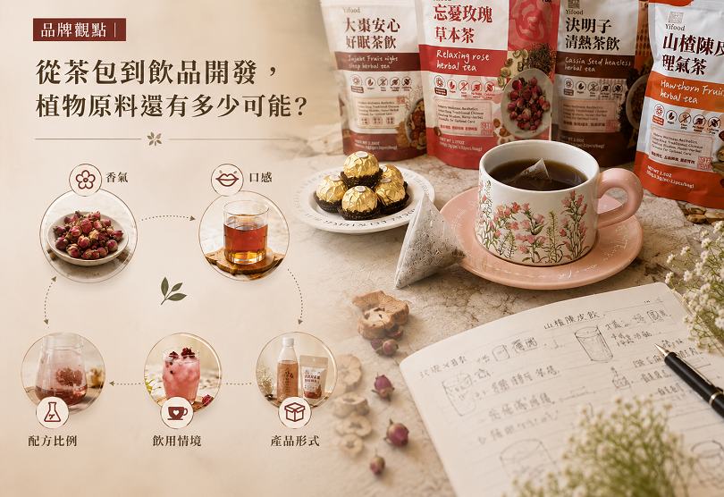 品牌觀點「從茶包到飲品開發,植物原料還有多少可能?」主題視覺,呈現花草茶包、玫瑰花、茶飲、調飲與飲品開發筆記,透過香氣、口感、配方比例、飲用情境與產品形式等元素,展現植物原料從茶包延伸至現代飲品開發的多元可能。